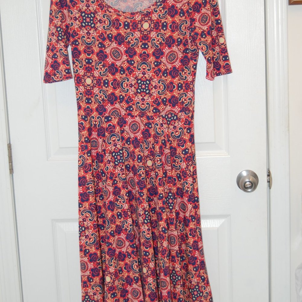LuLaRoe Women's Orange/Blue & White Abstract Pattern Short Sleeve Dress